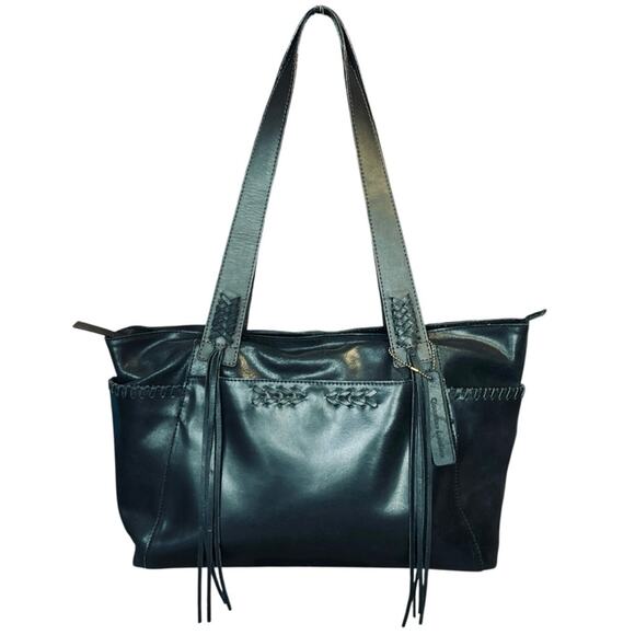 Nino Bossi Black Leather Whipstitch Large Tote Shoulder Bag Glenys Fringe - Picture 1 of 11